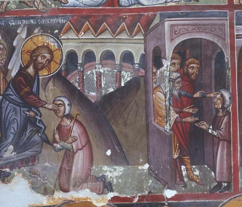Jesus healing the blind beggar, 15th century wall painting by Philip Goul, Church of St Mammas, Louvaras, Cyprus