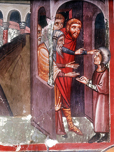Healing of blind beggar by Christ, fifteenth century wall painting in the Church of St Mammas, artist Philip Goul, Louvaras, Cyprus