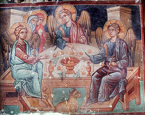 Abraham entertaining the three angels, fifteenth century wall painting in the Church of St Mammas, Louvaras, Cyprus