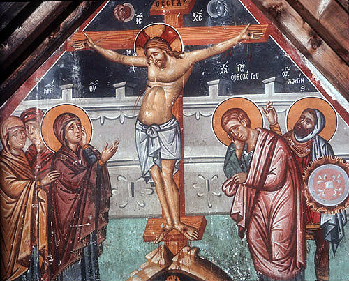 Crucifixion, fifteenth century wall painting in the Church of St Mammas Louvaras, Cyprus