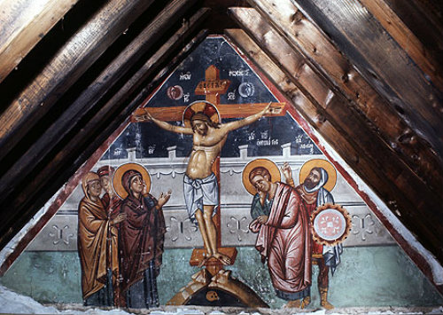 Cyprus, Louvaras,  Church of St Mammas, the Crucifixion, 15th century mural by artist Philip Goul