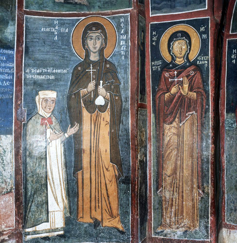 Cyprus, Asinou,  St Anastasia, curer of poisons with supplicant and St Irene on the right,  Byzantine wall painting, 12th-13th century AD