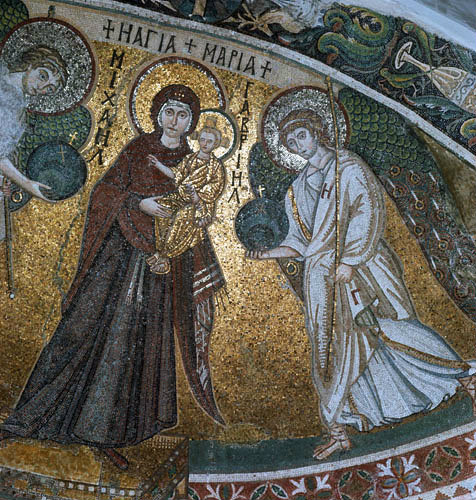Kiti Cyprus  Church of Panagia Angeloktistos 7th century mosaic in the dome of the apse the blessed Virgin Maryand the archangel Gabriel