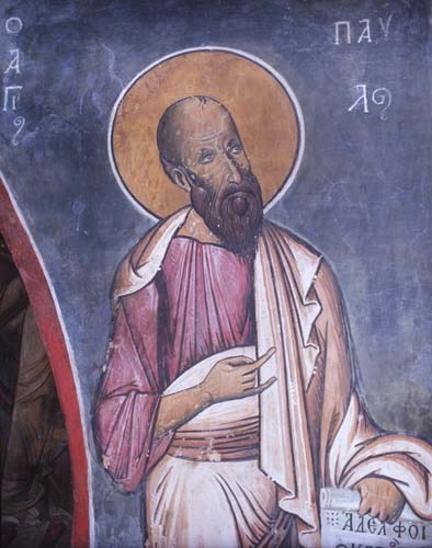 St Paul, 12th century wall painting, Church of Panagia Tou Arakou, Lagoudera Monastery, Cyprus