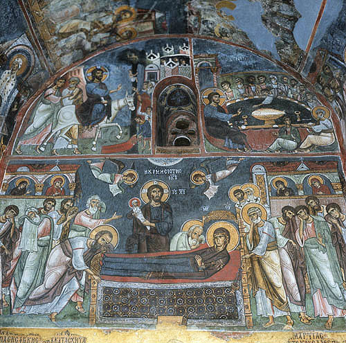 Cyprus, the Church of Panagia Phorbiotissa at Asinou, mural on west wall 1105-06 AD, the entry into Jerusalem, the Last Supper and the Dormintion