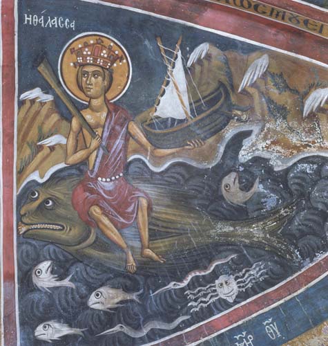 Personification of the Sea, 14th century wall painting, Church of Panagia Phorbiotissa, Asinou, Cyprus