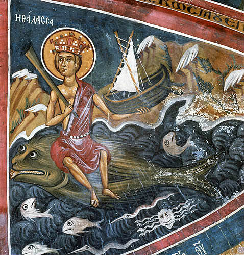 Cyprus, Asinou, Church of Panagia Phorbiotissa, our Lady of the Pastures, personification of the sea from the last judgement, mural in the narthex of the church, 12th century