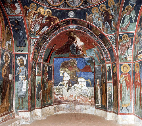 Cyprus, Asinou, Church 14th century mural in the south bay of the narthex, St George