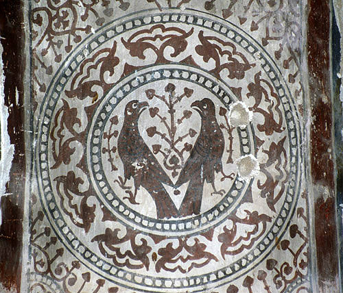 Wall painting of birds, on pillar, twelfth century church of Antiphonitis, Kibris, Northern Cyprus