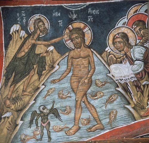 Baptism of Christ, 14th century wall painting, Church of our Lady of the Pastures, Asinou, Cyprus