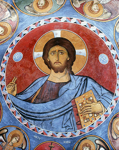Cyprus, Lagoudera, detail of Christ with his new testament, mural in the Church of Panagia Tou Arakou, 1192 AD