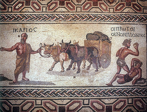Icarius and the shepherds who were the first drunkards, Icarius having been taught art of wine-making by Dionysus, third century mosaic in Roman Villa, Paphos, Cyprus