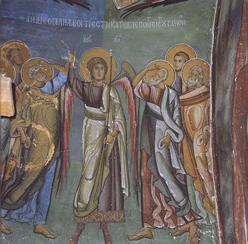 Ascension, 12th century wall painting, Church of Panagia tou Arakou, Lagoudera, Cyprus