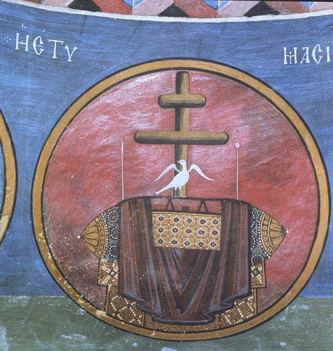 Dove, throne of judgement, 12th century wall painting, Lagoudera Monastery, Cyprus