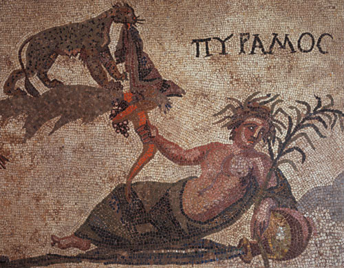 Paphos Cyprus Pyramus a detail from the mosaic of Pyramus and Thisbe 3rd century AD mosaic in Roman villa