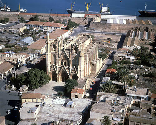 Cathedral of St Nicholas, now Lala Mustafa Mosque, aerial view, Famagusta, Northern Cyprus