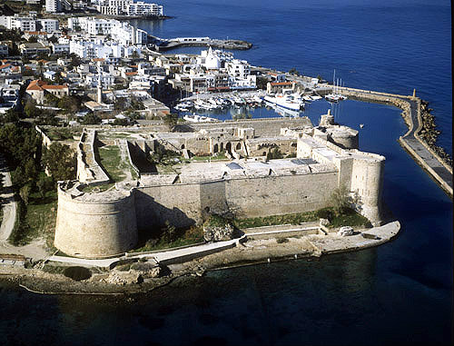 Kyrenia Castle, built by the Venetians, sixteenth century, over a previous crusader fortification, Kyrenia harbour and town, aerial from the east, Northern Cyprus