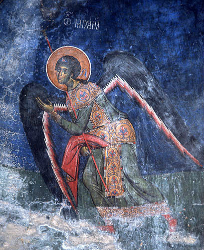 St Michael, twelfth century wall painting, Antiphonitis Church, Cyprus