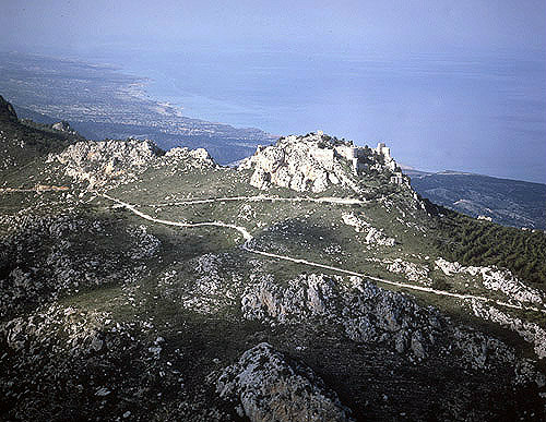 Kantara Castle, dating from twelfth century, aerial view from the south east, Northern Cyprus