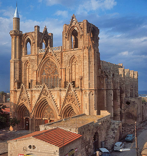 Cathedral of St Nicholas, now Lala Mustafa Mosque, aerial view, Famagusta, Northern Cyprus