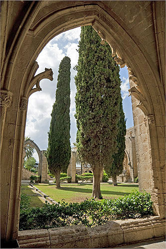 Bellapais Abbey, cloisters seen through the arch of the chapter house, 1198-1205, Northern Cyprus