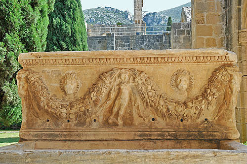 Bellapais Abbey, Roman sarcophagus in cloister, at entrance to the refectory, Northern Cyprus