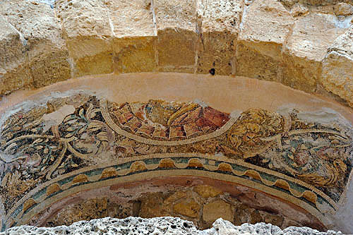 Baths complex, Hellenistic-Roman original, remodelled in the Byzantine era, detail of mosaic in alcove, Salamis, Northern Cyprus