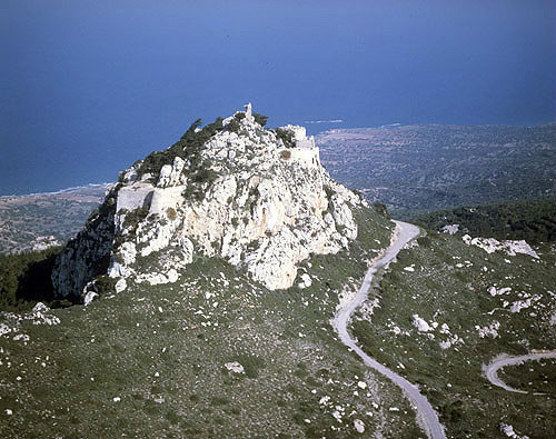 Kantara castle, dating from twelfth century, associated with Richard Lionheart, aerial view from the south west, Northern Cyprus