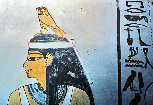Egypt, Thebes, tomb painting, falcon god Horus protecting the queen