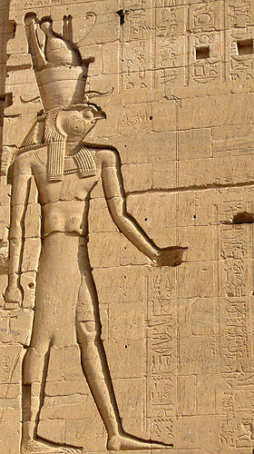 Horus, the falcon-headed god, bas-relief on pylon of Temple of Isis, Philae, Egypt