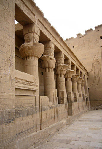 Hathor-headed columns in courtyard of Temple of Isis, Philae, Egypt