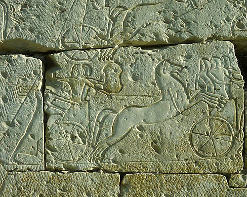 Egypt, Abydos, Temple of Seth, bas-relief in limestone of a war chariot, north west exterior wall