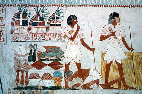 Egypt, Thebes, wall painting of the fruits of his labours to sustain Menna in next life, in the Tomb of Menna, tomb no 69 dating from circa 1422-1411 BC