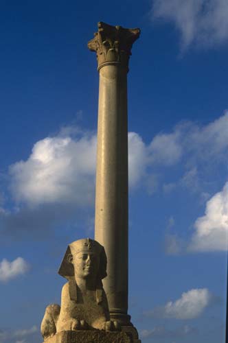 Sphinx and Pompeys Pillar, near Temple of Serapis, Alexandria, Egypt