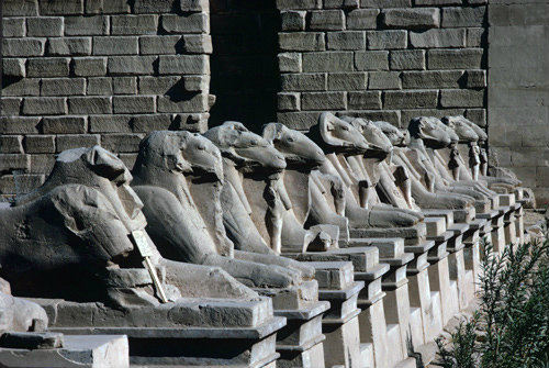 Egypt, Karnak, Temple of Amun, Avenue of ram-headed sphinxes leading to the first pylon