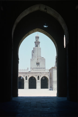 Egypt, Cairo, Abbasid mosque of Ibn Tulun, AD 867-AD 879, view across courtyard to spiral minaret