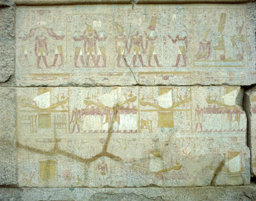 Egypt, Karnak, Temple of Amun, painting on wall of the Sanctuary showing Philip Arrhidaeus and priest bearing sacrifice