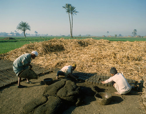 Egypt Arabs casting mud bricks