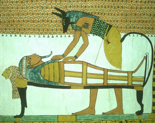 Anubis embalming Sennedjem in the tomb of Sennedjem, wall painting 1292 BC, Thebes, Egypt