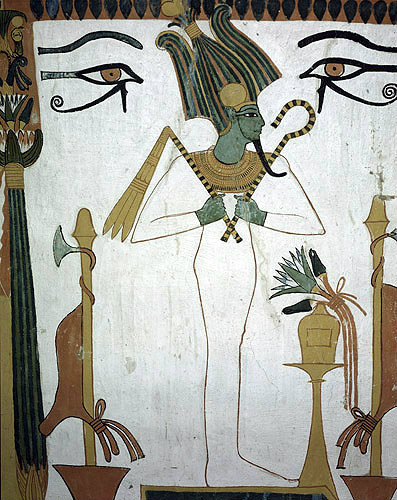 Egypt, Thebes, tomb of Senedjem, wall painting of Osiris, with flail and crook, eyes of Horus above, thirteenth century BC