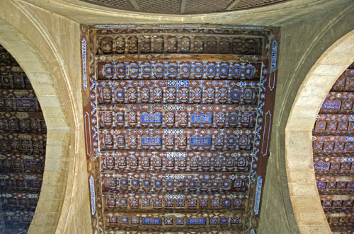 Egypt, Cairo, Northern cemetery, painted ceiling of mosque associated with mausoleum of Sultan Barsbey, 1432