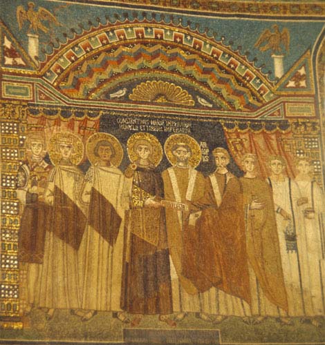 Emperor Constantine IV grants privileges to the church, 7th century mosaic, apse, Sant Apollinare in Classe, Ravenna, Italy