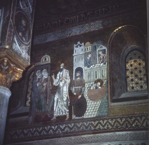 St Paul being let down over Damascus city wall, 12th century Byzantine mosaic, Palatine Chapel, Palermo, Sicily, Italy