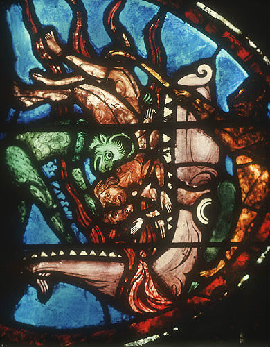 The damned in the jaws of hell, Last Judgement window, Bourges Cathedral, Bourges, France