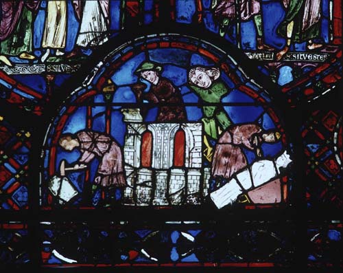 Stonemasons, donors, panel I, St Sylvester window, 13th century stained glass, Chartres Cathedral, France