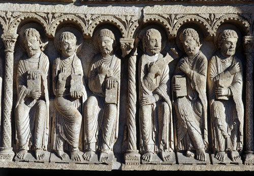 Chartres, Royal Portal, centre bay, 6 of 12 apostles 12th century