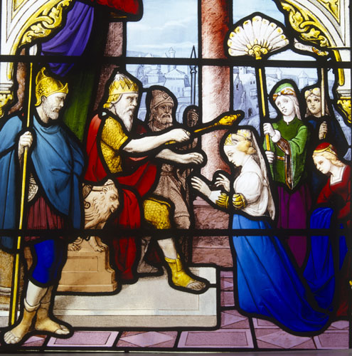 King Solomon and the Queen of Sheba, 19th century stained glass, Church of St Aignan, Chartres, France