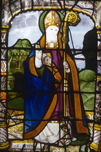 St Anianus Bishop of Orleans, died 453, Bishops window, 16th century stained glass, Church of St Aignan, Chartres, France