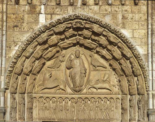 Royal portal, central bay lintel with 12 apostles, tympanum with Christ and symbols of 4 evangelists, 13th century sculpture, Chartres Cathedral, France