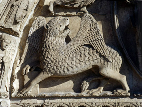 Chartres, Royal Portal, centre bay, the lion, symbol of St Mark 12th century
